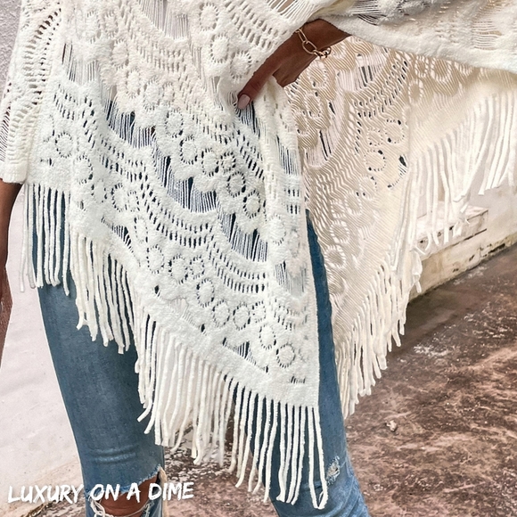 Knit Openwork Macrame Oversized Retro Fringe Pullover Poncho Sweater Jacket - Picture 4 of 9